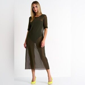 SHAN Khaki Sheer Mesh Midi Dress Sz 8 | Designer Layering Maxi Minimalist